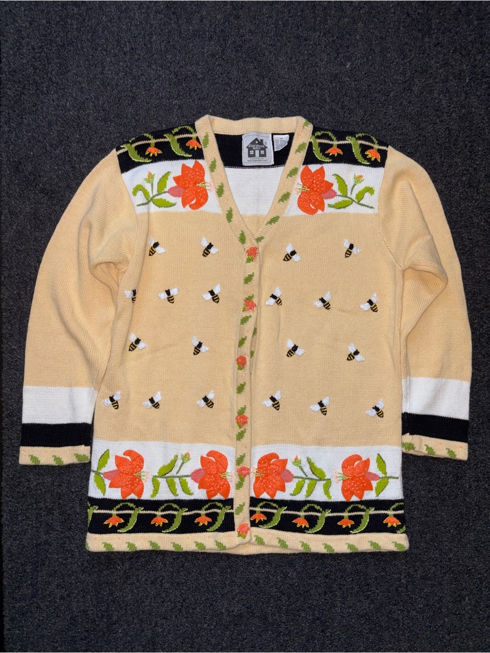 NWOT Vtg Storybook Knits Bee Floral Cardigan Sweater M Novelty 90s Cottagecore
